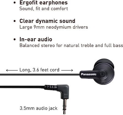 Panasonic ErgoFit Wired Earbuds, In-Ear Headphones with Dynamic Crystal-Clear Sound and Ergonomic Custom-Fit Earpieces (S/M/L), 3.5mm Jack for Phones and Laptops, No Mic - RP-HJE120-KA (Matte Black) - color: Matte Black, size: S/M/L, style: No Mic