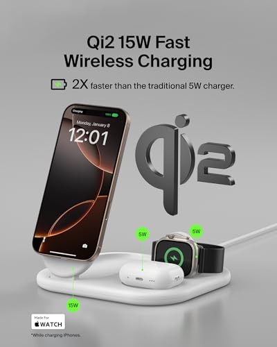 Belkin Qi2 Magnetic Wireless Charging Station, 3 in 1 Foldable Charger - color: White
