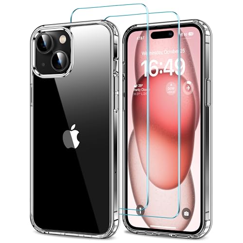 HOOMIL Case for iPhone 15 Phone Cover with 2-Pack Tempered Glass Screen Protector, Non-Yellowing, Drop Protection, Anti-Scratch, Transparent, Hard Back - Crystal Clear - color: Clear, size: iPhone 15