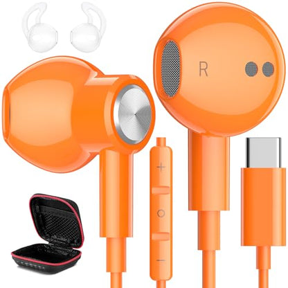 USB C Headphones Magnetic Wired Earbuds with Mic for Apple/Samsung Android - color: Orange