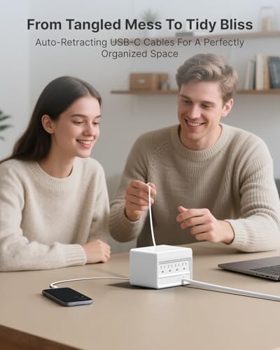 Gitryin Travel Plug Adapter with Retractable 31.5in Type-C Cables, 12-in-1 Desktop Charging Station with 3 Retractable Type-C Chargers and 1 Lightning Charger