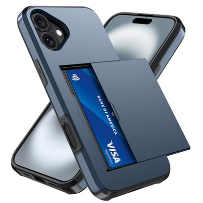 Qinmay Compatible with iPhone 16 Plus Case with Card Holder, Dual Layer Shockproof,Heavy Duty Protective Hidden Slot Slim Wallet Phone Cover，Blue - color: Blue, size: For Iphone 16 Plus