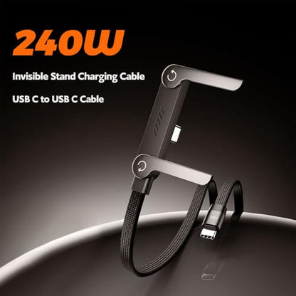 USB C to USB C Invisible Stand Charging Cable，240W Fast Charging Cable 4.9FT，Built-in Phone Support Fast Charging Cord for Gaming Office Travel (Black) - size: 4.9FT(C-C)