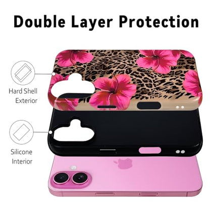 Lovmooful for iPhone 16 Case Cute Flower Leopard-Hibiscus | Compatible for iPhone 16 Case,Aesthetic,Hibiscus,Floral,2 in 1,for Women Girls,Soft TPU+PC,Shockproof,Protective - size: iPhone 16