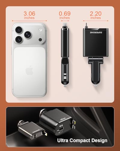 SUPERONE Car Charger USB C Fast Charge, Ultra-Slim Retractable Car Charger - color: Frosted Black