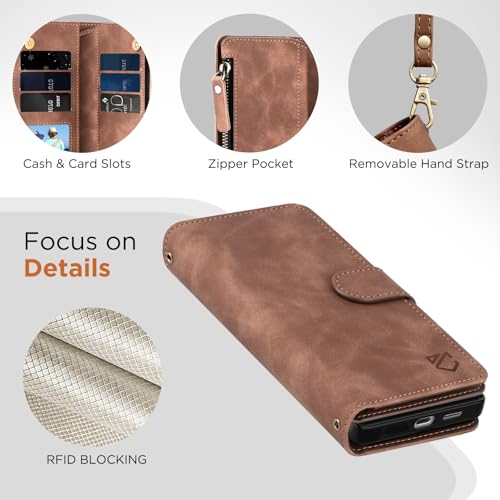 for Samsung Galaxy S26-Wallet Case: with RFID Blocking Card Slots (6 Cards) | Soft PU Leather Magnetic Snap Zipper Pocket | Crossbody Wrist Strap Protective Phone Cover - Brown - color: A Brown, size: Galaxy S26（6.3‘’）