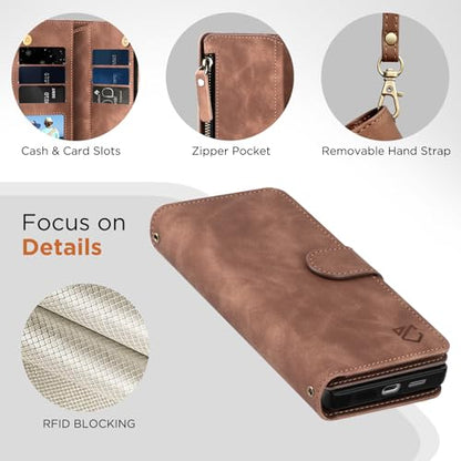 for Samsung Galaxy S26-Wallet Case: with RFID Blocking Card Slots (6 Cards) | Soft PU Leather Magnetic Snap Zipper Pocket | Crossbody Wrist Strap Protective Phone Cover - Brown - color: A Brown, size: Galaxy S26（6.3‘’）