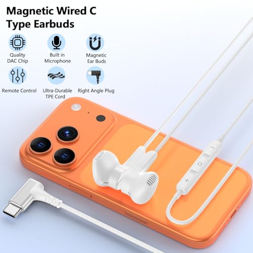 90° Angled USB C Headphones for iPhone Duo 18 17 16 15 Pro Max Wired Earbud - color: White