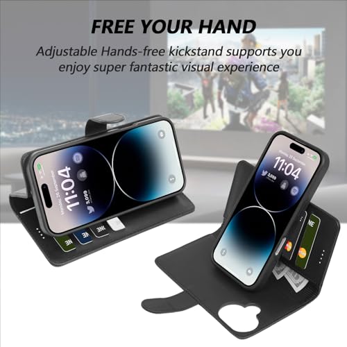 2 in 1 PU Leather for iPhone 16 Leather Case, Detachable Wallet Case with Card Holder, Removable Flip Folio Cover with RFID Blocking, Stand Shockproof Phone Cover（Compatible with MagSafe） Black - color: Black, size: Iphone 16