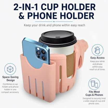 2 in 1 Universal Cup Holder with Phone Mount Tool-Free Clamp On for Stroller Walker Wheelchair Bike Scooter 360 Degree Rotatable Pink - color: Pink