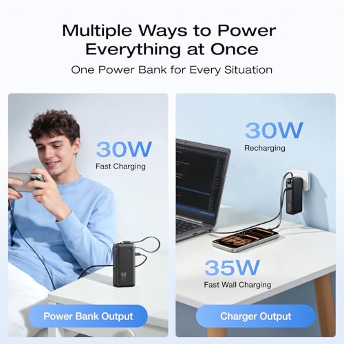 EF ECOFLOW Rapid 3-in-1 Portable Charger, 10,000mAh Power Bank with Built-in USB-C Cable and Foldable Wall Plug, 30W Max Battery Pack, Travel Essentials for iPhone 17/16/15 Series, Galaxy, MacBook