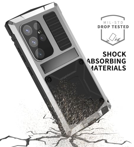 Simicoo Compatible with Samsung Galaxy S24 Ultra Metal Bumper Heavy Duty Case with Stand Gorilla Glass Camera Cover Hybrid Durable Military Rugged Shockproof Rugged Full Body Men(Silver) - color: Silver, size: Samsung S24 Ultra