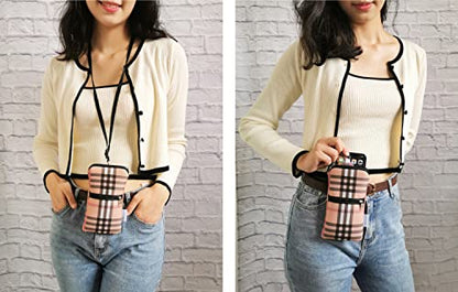 Tainada 2-Zip Neck Phone Pocket Bag w/Belt Loop (Camel Brown Plaid) | For Men/Women; Water-resistant neoprene pouch, shockproof, lightweight, w/carabiner; Compatible with most of smartphones - color: Camel Brown Plaid