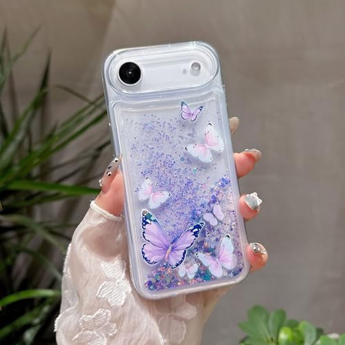 Compatible with iPhone Air Glitter Butterfly Case Glow in The Dark Women Girls Girly Bling Sparkle Flowing Quicksand Light up Soft TPU Bumper Luminous Clear Phone Cover, Blue - color: Purple, size: iPhone Air