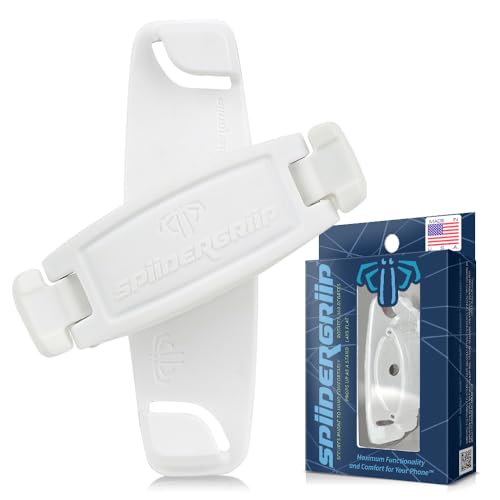 SpiiderGriip 360 Rotating Phone Grip – Flat-Fold Kickstand & Secure Strap – Works with iPhone, Android, Tablets & Cases – Comfortable & Durable (White) - color: White