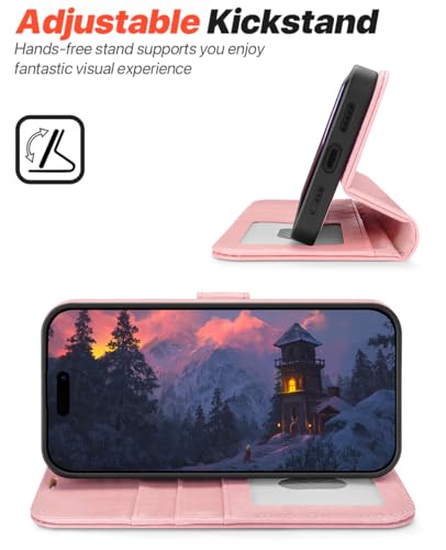 OCASE for iPhone 16 Case Detachable Wallet Case with Card Holder, 2 in 1 Pu Leather Flip Folio with RFID Blocking Stand Wrist Strap Shockproof Phone Cover 6.1 Inch 2024, Light Pink | Removable magnetic case, with hand strap, wireless charging, card slot,