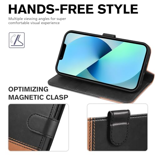 TUCCH Wallet Case for iPhone 13 (6.1") 2021, 3 Card Slots, Black & Brown | RFID Blocking, Viewing Stand, Shockproof TPU Shell, PU Leather, Magnetic Closure, Protective Folio Flip Cover - color: Black & Brown