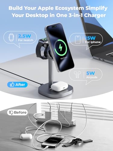 havit Qi2 3 in 1 Wireless Charging Station, 15W Magnetic Charger with Cooling Fan for iPhone 17/16/15/14/13/12, Apple Watch & AirPods, Adjustable Stand, 45W Adapter Included