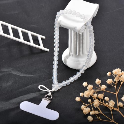 Agate Beaded Phone Wrist Strap for Women Men Stone Beads Charm Handmade Cellphone Chain Lanyard with Tether Tab - color: White-2, size: 8mm Beads