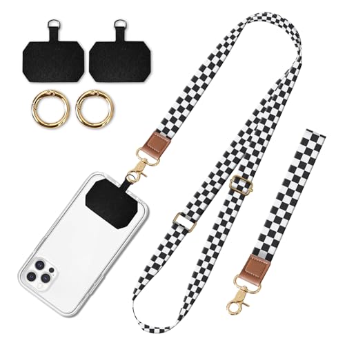 Cell Phone Lanyard Adjustable Crossbody Strap, Cute Phone Neck Wristlet Wrist Strap Patch for Keys Case Accessories - color: Black White Checkerboard
