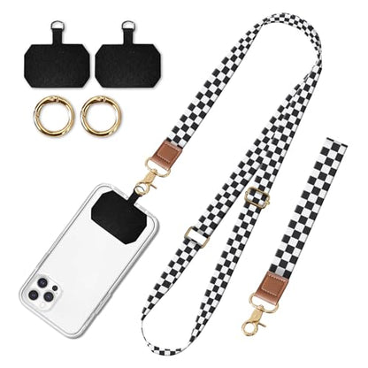 Cell Phone Lanyard Adjustable Crossbody Strap, Cute Phone Neck Wristlet Wrist Strap Patch for Keys Case Accessories - color: Black White Checkerboard