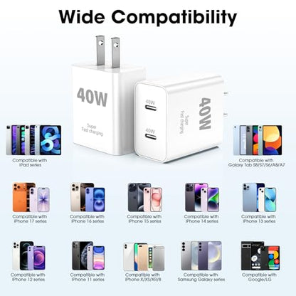 40W Dual Port Fast Wall Charger, USB C Charger Block, 2-Pack