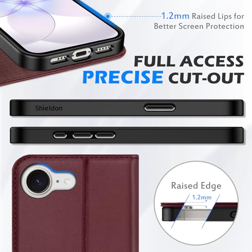SHIELDON Genuine Leather Case Wallet for iPhone 17e/16e 6.1", Wine Red | Flip Magnetic Cover, RFID Blocking, Credit Card Slot, Kickstand, Book Design, Soft Shockproof Phone Shell - color: Wine Red