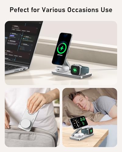 VBA 3 in 1 Wireless Charging Station for Apple MagSafe Charger,Foldable Fast Charging Magnetic Wireless Charger Stand,Travel Charger for iPhone 17 Air 16 15 14 13 12,Apple Watch,AirPods Pro(White) - color: White