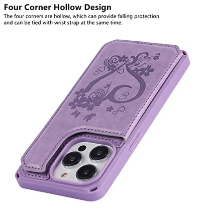 iCoverCase Compatible with iPhone 14 Pro Wallet Phone Case with Card Holder for Women, RFID Blocking Embossed PU Leather Wrist Strap Case 6.1 Inch (Heart Purple) - color: H-Purple