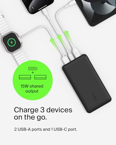 Belkin 20000mAh 15W 3 Port Power Bank, USB A to USB C Cable Included - color: Black