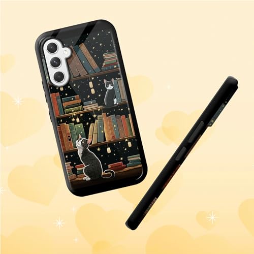 Cute Cat Bookshelf Phone Case for Samsung Galaxy S25, Dual Layer Shockproof Rugged Cover with Soft TPU + Hard PC, Anti-Scratch Slim Fit Wireless Charging Compatible - color: Cute Cat Bookshelf, size: 6.2" Galaxy S25
