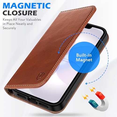 SHIELDON Genuine Leather Wallet Case for iPhone 17e/16e 6.1", Retro Brown | Magnetic Closure, RFID Blocking, Credit Card Holder, Viewing Stand, Folio Design, Shockproof Protective Cover - color: Retro Brown