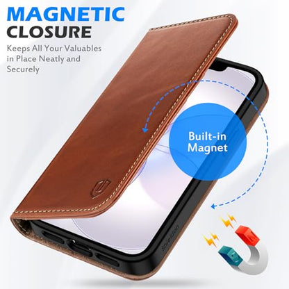 SHIELDON Genuine Leather Wallet Case for iPhone 17e/16e 6.1", Retro Brown | Magnetic Closure, RFID Blocking, Credit Card Holder, Viewing Stand, Folio Design, Shockproof Protective Cover - color: Retro Brown