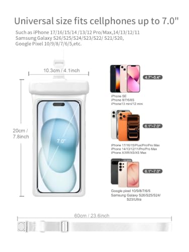 wellhouse Waterproof Phone Pouch, Waterproof Phone Case for iPhone 17 16 15 14 13 Pro Max XS Samsung, IPX8 3D Cellphone Dry Bag Beach Essentials (1 Pack -Earl White 7 inch) - color: 1 Pack -Earl White 7 inch