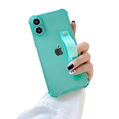 Compatible for iPhone 17 Case with Strap Holder Stand - Green | Wristband Kickstand, Clear Soft TPU, Adjustable Finger Hand Grip Loop, Shockproof Bumper Rugged Cover - color: Green, size: iPhone 17 6.3”