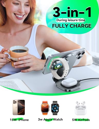 Qi2 3 in 1 Wireless Charging Station,JOYROOM 15W Fast Wireless Charger Stand for iPhone 16/15/14/13, Apple Watch, AirPods, Magnetic Foldable for MagSafe Charger for Multiple Devices (with 30w Adapter)