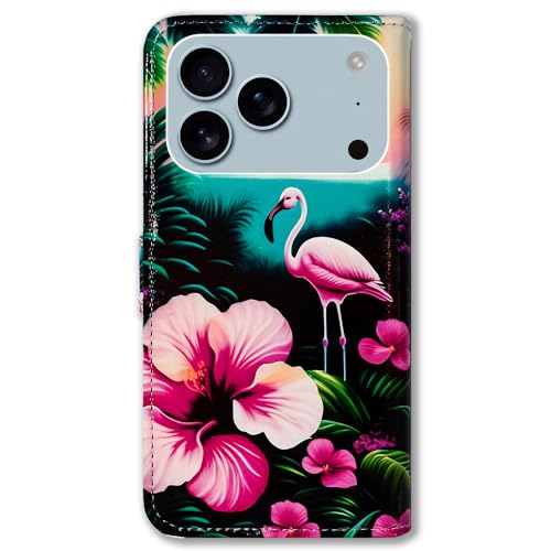 Bcov Case for iPhone 17 Pro,Pink Flamingo Flowers Bird Leather Flip Phone Case Wallet Cover with Card Slot Holder Kickstand Case for iPhone 17 Pro - color: Pink Flamingo Flowers Bird