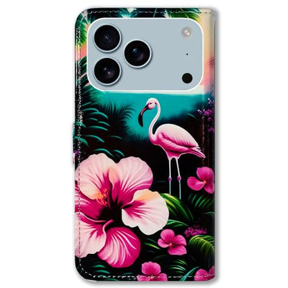 Bcov Case for iPhone 17 Pro,Pink Flamingo Flowers Bird Leather Flip Phone Case Wallet Cover with Card Slot Holder Kickstand Case for iPhone 17 Pro - color: Pink Flamingo Flowers Bird