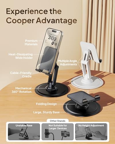 COOPER 360° Stand, Rotating Cell Phone Stand for Desk | Sturdy Metal Base, Foldable, Portable | Cell Phone Holder for Desk (Cream White) - color: 1 Pack - Cream White