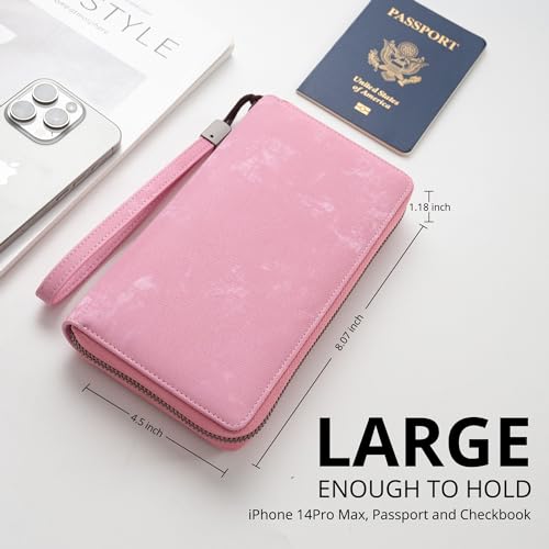 Bveyzi Women RFID Blocking Wallet Leather Zip Around Phone Clutch Large Capacity Ladies Travel Purse Wristlet - color: Vegan Pink
