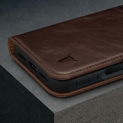 TORRO Premium Leather Case Compatible with iPhone 16 Pro 6.3" – Genuine Leather Wallet Flip Folio Case with Kickstand and Card Slots (Compatible with Official MagSafe Chargers) - Dark Brown - color: Dark Brown