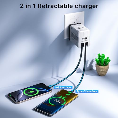 2 in 1 Retractable Gan Wall Charger with Dual Cables, Fast Charging 45W Retractable Phone Charger Wall Plug with 2 Charging Cable, USB C Chargers Block for iPhone 17 16 15 14 13, LG,Pixel - color: White