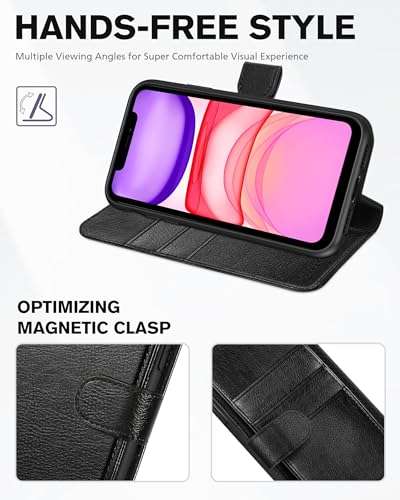TUCCH Wallet Case for iPhone 11 (6.1") 2019, 3 Card Holders, Textured Black | RFID Blocking, Viewing Stand, Shockproof TPU Shell, PU Leather, Magnetic Closure, Protective Folio Flip Cover - color: Black - Textured