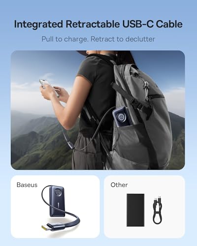 Baseus Enercore Power Bank, 10000mAh Fast Charging Portable Charger Built-in 45W Retractable USB-C Cable, Battery Pack for iPhone 16/15 Series, Samsung, Google Pixel, iPad, AirPods, Drone, Go Pro