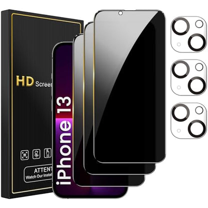 Romkasi 3 Pack Privacy Screen Protector for iPhone 13 6.1 Inch with 3 Pack Camera Lens Protector, Anti Spy Tempered Glass Film, Anti-Scratch, Touch Sensitive, Case Friendly - color: iPhone 13