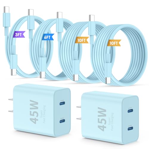 QZIIW iPhone 17 16 15 Pro Max Fast Charger,45W Dual Port USB C Fast Charger - color: Blue, size: 3FT+6FT+10FT+10FT