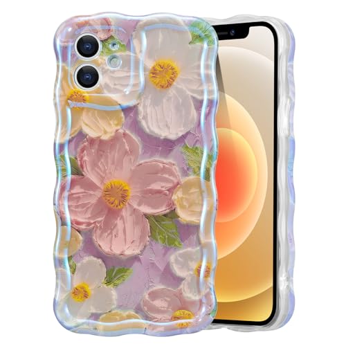 EYZUTAK Case for iPhone 11, Colorful Retro Oil Painting Print Flower, Pink | Laser Glossy Floral Pattern, Cute Curly Wave Edge, Exquisite Phone Cover, Stylish Durable TPU Protective Case for Girl Women - color: Pink, size: iPhone 11