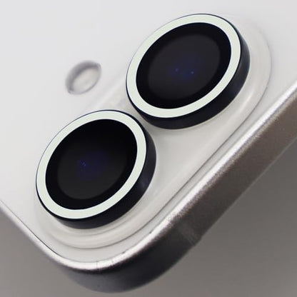 Luminous Camera Lens Protector for iPhone 16/16 Plus Individual Metal Ring Tempered Glass Glow in The Dark Lens Cover (2PCS) (White, for iPhone 16/16 Plus) - color: White