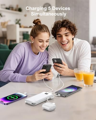 Portable Charger 10000mAh Power Bank w/Built-in 3 Cables & AC Wall Plug - color: Matte White
