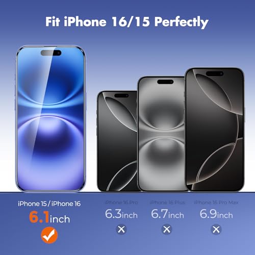UNBREAKcable for iPhone 16 Screen Protector, 6-Pack Full Coverage Tempered Glass [Military Grade Shatterproof] [9H Hardness] [Easy Installation Frame] [Bubble Free] for iPhone 16 6.1" - size: iPhone 16/15 (Pack of 2)